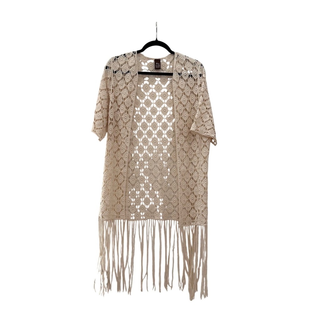 Raj Womens Crochet‎ Kimono Boho Cardigan Cream Cotton Fringe Open Front One Size